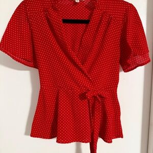 Chic Red Wrap Blouse with Dots